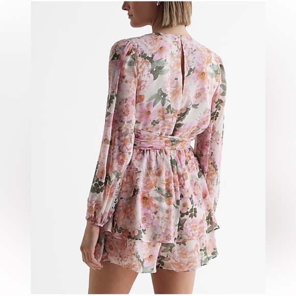 Large Express Floral V-neck Surplice Tie Waist Romper - Picture 2 of 3